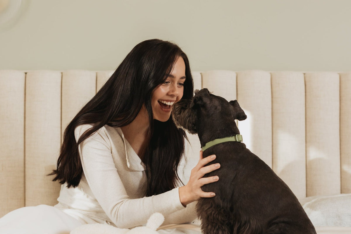 Woman laughing with a dog on a bed